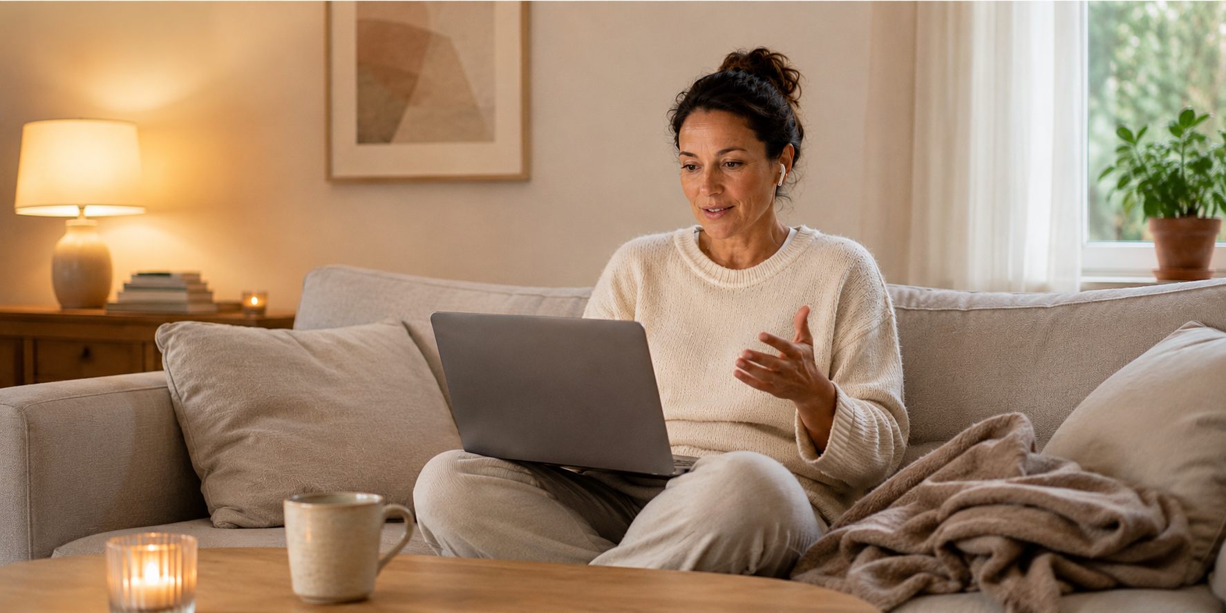 Kvinna hemma i soffan mitt i ett samtal via sin dator